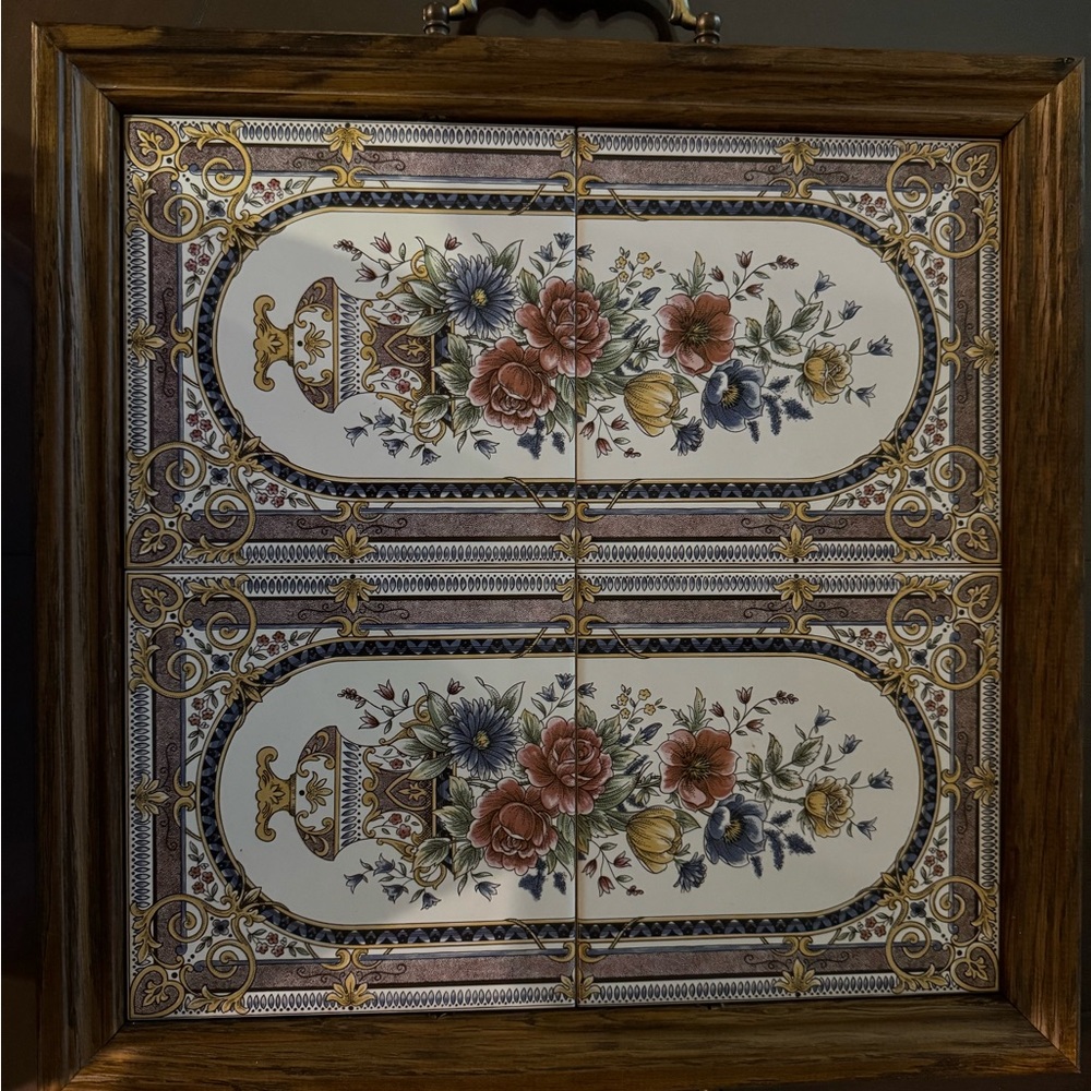 Decorative Dutch Floral Serving Tray in Wood Frame